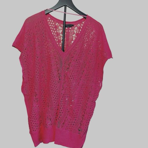 BCBG Maxazria Crocheted Linen Cotton Blend Bohemian Top Pink Lge Oversized Retro - Picture 7 of 12